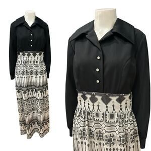 Vintage 1970s Black and Silver Metallic Graphic Print Maxi Dress / Medium -
